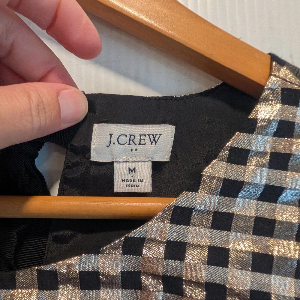 J. CREW Women's Black and Gold Gingham Blouse Holiday Size Medium - Picture 4 of 10